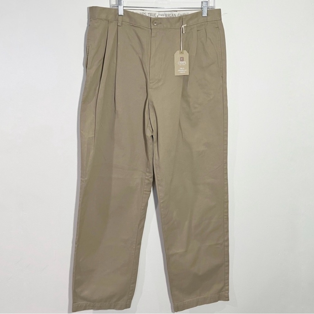 Chaps Classic Double Pleat Tan Chino Khaki Pants Size 36 × 34